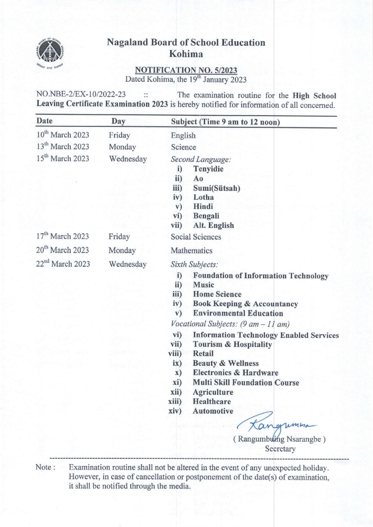 NBSE 10th Exam Schedule 2023