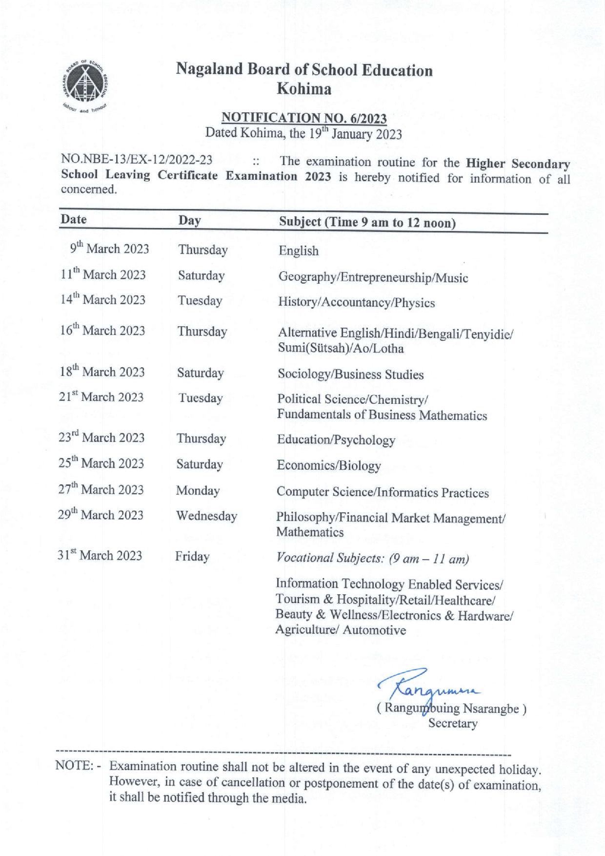 NBSE 12th Exam Schedule 2023
